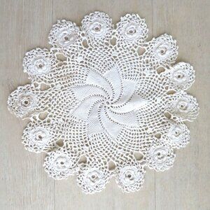 Vintage Handmade White Crocheted Doily Intricate Swirl Floral Design 13 Inches